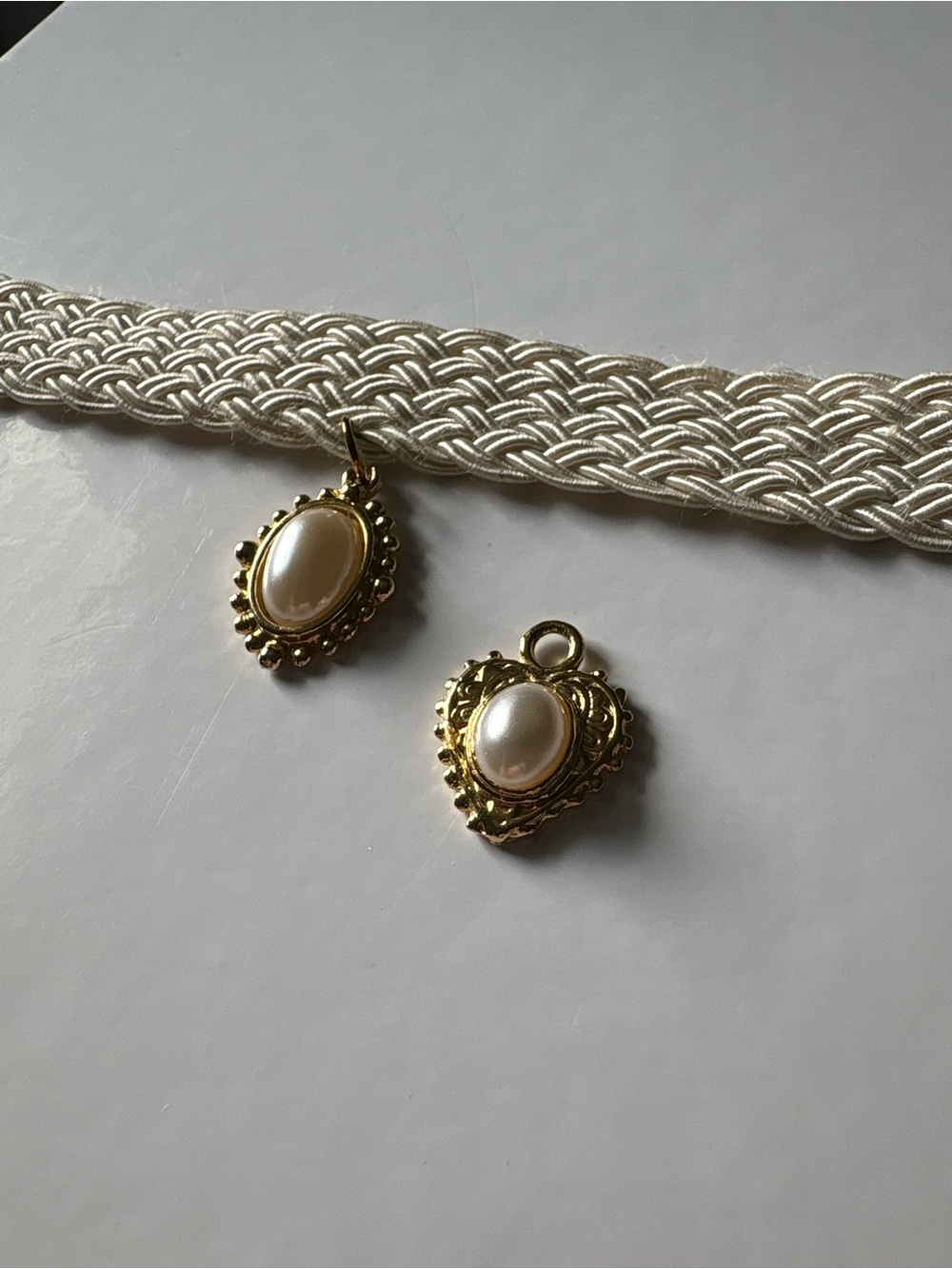 Vintage Interchangeable Choker Necklace Braided Lace Woven Gold Pearl Oval Heart